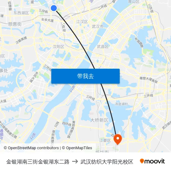 金银湖南三街金银湖东二路 to 武汉纺织大学阳光校区 map