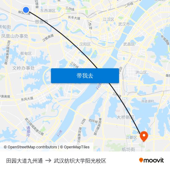 田园大道九州通 to 武汉纺织大学阳光校区 map