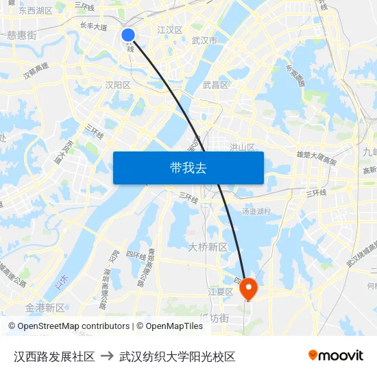 汉西路发展社区 to 武汉纺织大学阳光校区 map