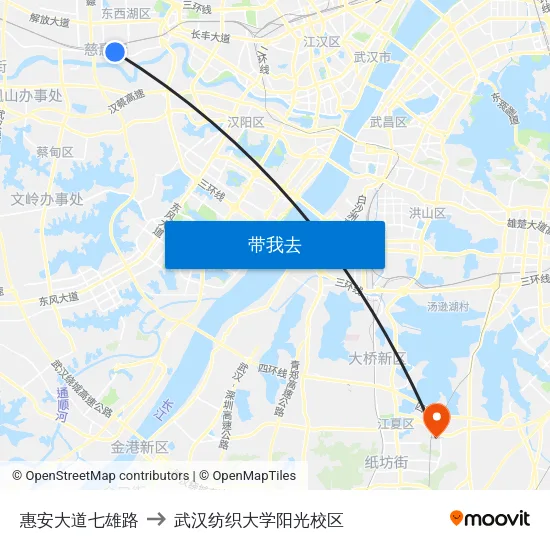 惠安大道七雄路 to 武汉纺织大学阳光校区 map