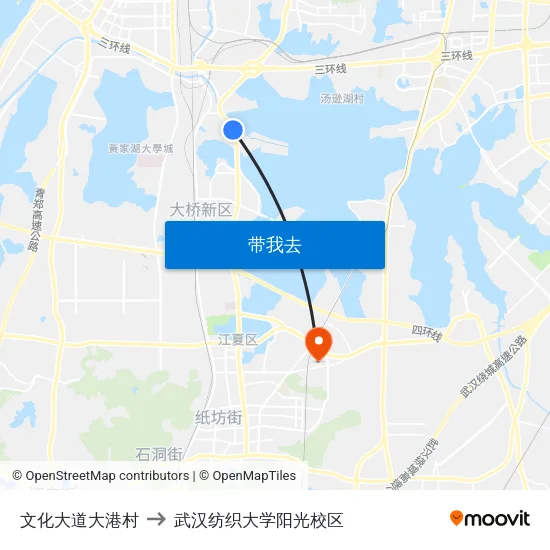 文化大道大港村 to 武汉纺织大学阳光校区 map