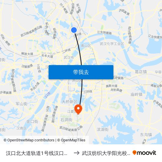 汉口北大道轨道1号线汉口北站 to 武汉纺织大学阳光校区 map