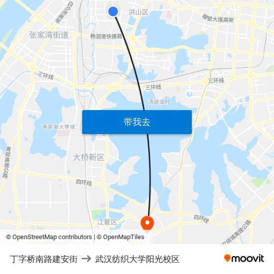 丁字桥南路建安街 to 武汉纺织大学阳光校区 map