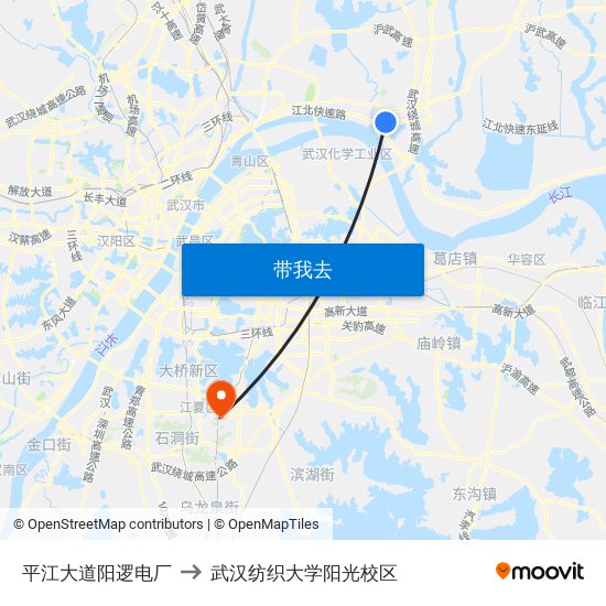 平江大道阳逻电厂 to 武汉纺织大学阳光校区 map