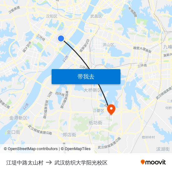 江堤中路太山村 to 武汉纺织大学阳光校区 map