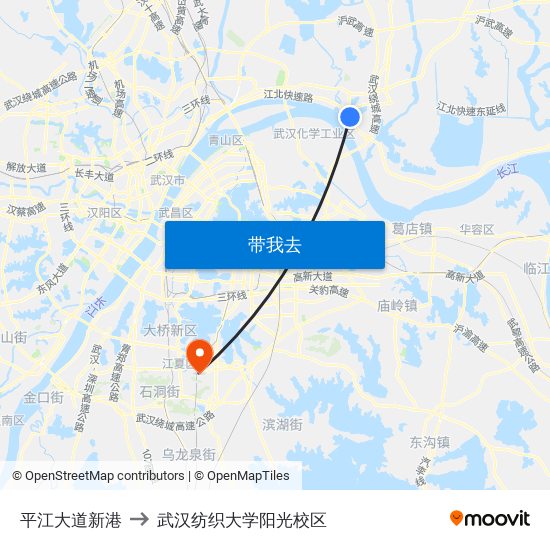 平江大道新港 to 武汉纺织大学阳光校区 map