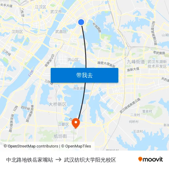 中北路地铁岳家嘴站 to 武汉纺织大学阳光校区 map