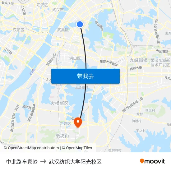 中北路车家岭 to 武汉纺织大学阳光校区 map