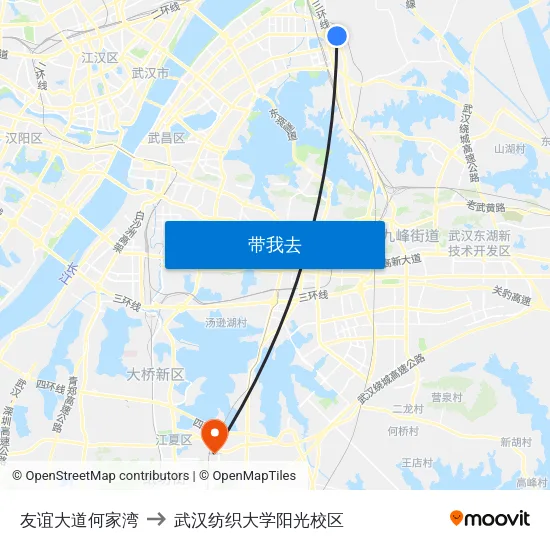 友谊大道何家湾 to 武汉纺织大学阳光校区 map