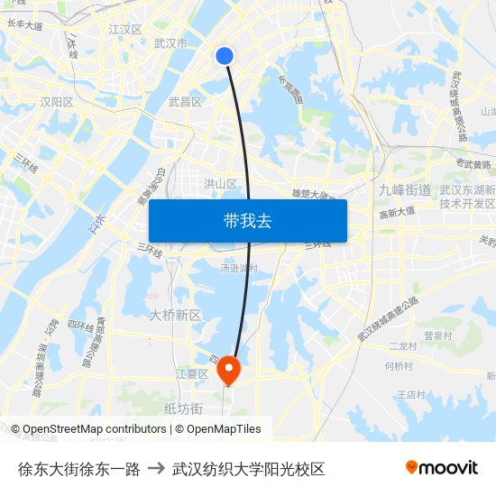 徐东大街徐东一路 to 武汉纺织大学阳光校区 map