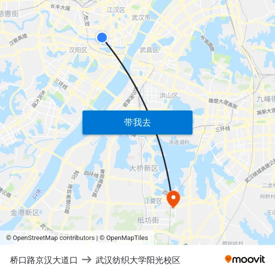 桥口路京汉大道口 to 武汉纺织大学阳光校区 map
