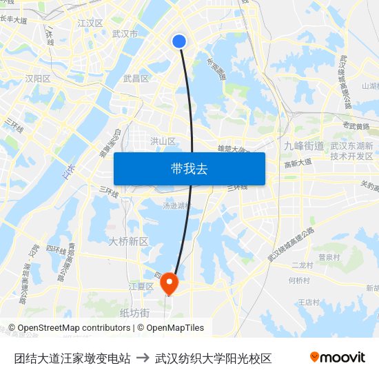 团结大道汪家墩变电站 to 武汉纺织大学阳光校区 map