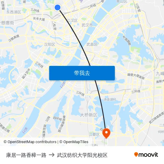 康居一路香樟一路 to 武汉纺织大学阳光校区 map