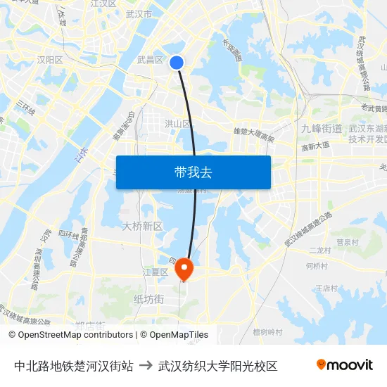 中北路地铁楚河汉街站 to 武汉纺织大学阳光校区 map