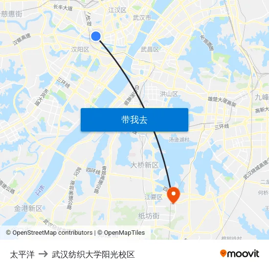 太平洋 to 武汉纺织大学阳光校区 map