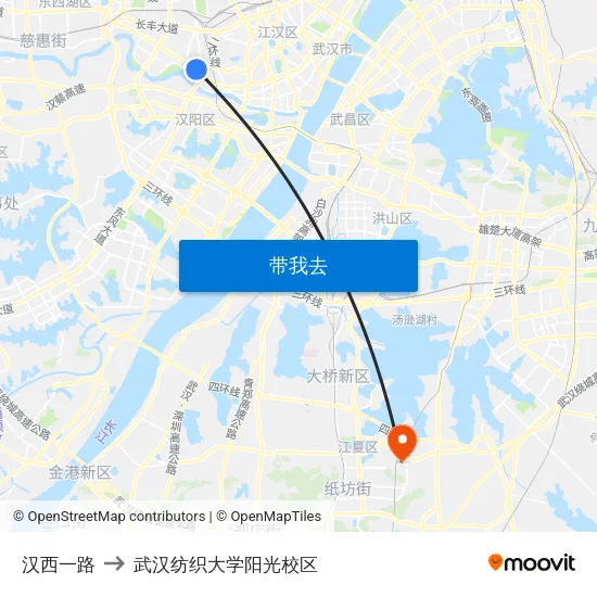 汉西一路 to 武汉纺织大学阳光校区 map