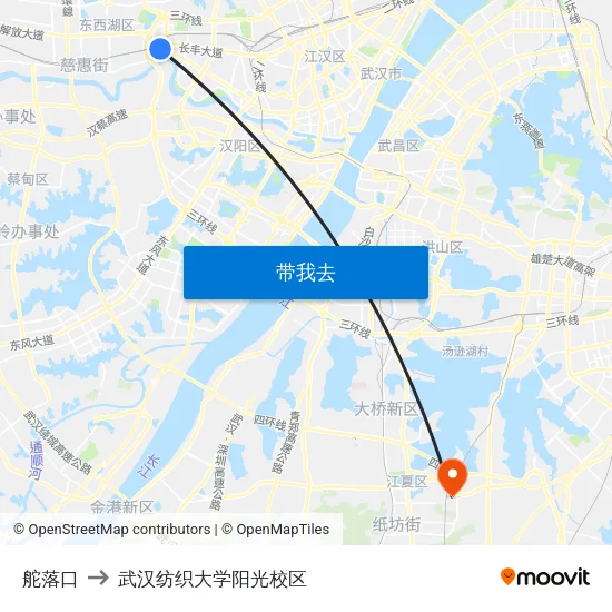 舵落口 to 武汉纺织大学阳光校区 map
