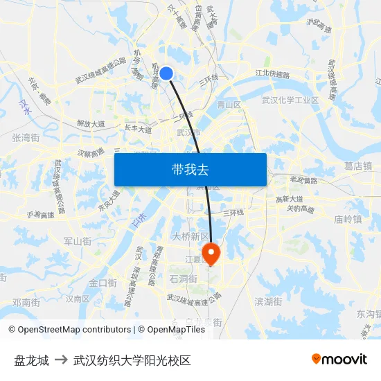 盘龙城 to 武汉纺织大学阳光校区 map