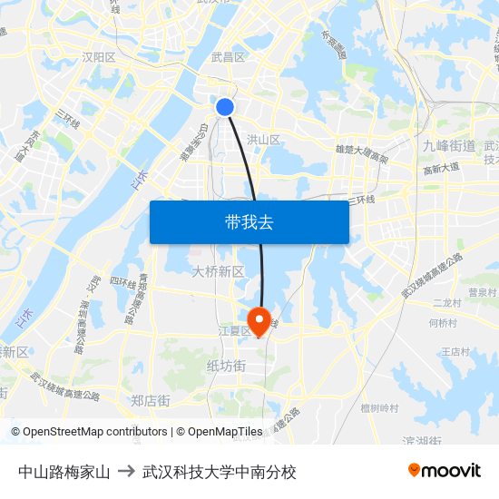 中山路梅家山 to 武汉科技大学中南分校 map