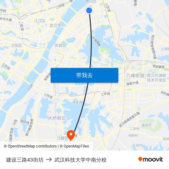 建设三路43街坊 to 武汉科技大学中南分校 map