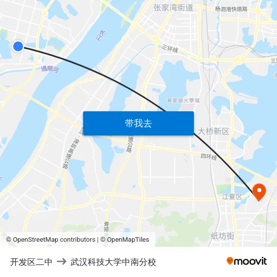 开发区二中 to 武汉科技大学中南分校 map