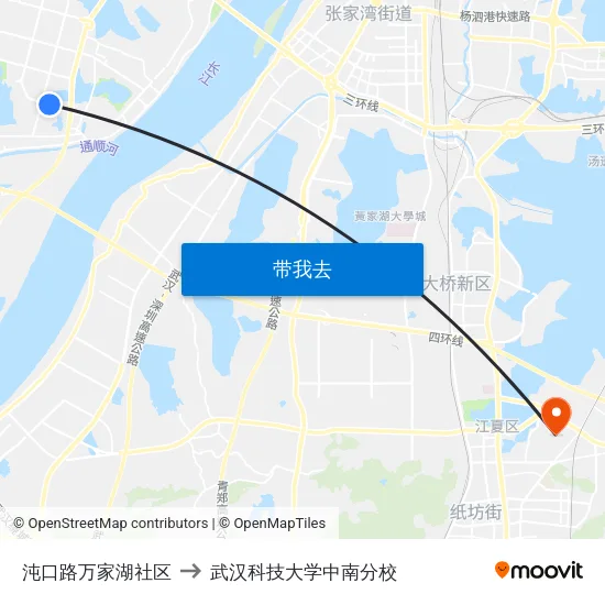 沌口路万家湖社区 to 武汉科技大学中南分校 map