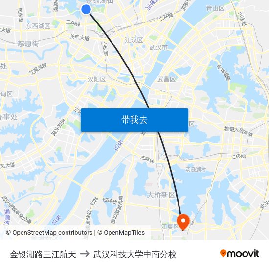 金银湖路三江航天 to 武汉科技大学中南分校 map