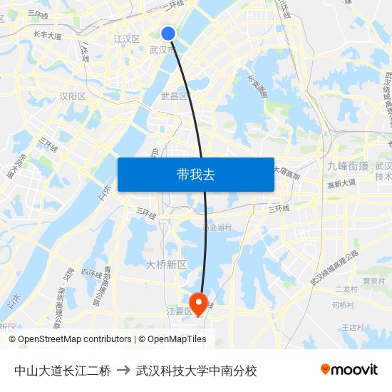 中山大道长江二桥 to 武汉科技大学中南分校 map