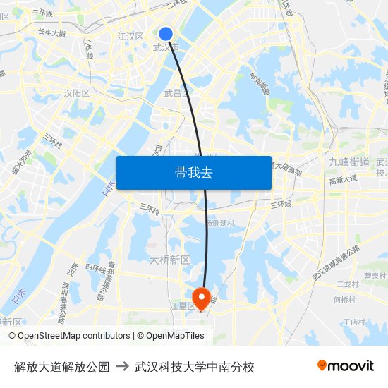 解放大道解放公园 to 武汉科技大学中南分校 map