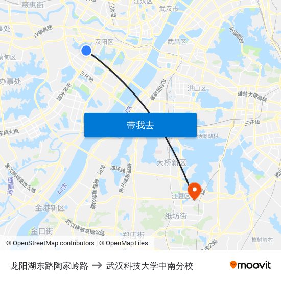 龙阳湖东路陶家岭路 to 武汉科技大学中南分校 map