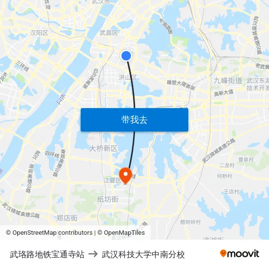 武珞路地铁宝通寺站 to 武汉科技大学中南分校 map