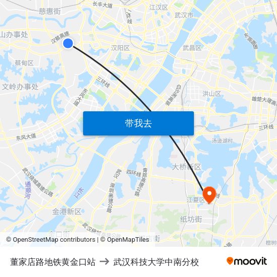 董家店路地铁黄金口站 to 武汉科技大学中南分校 map