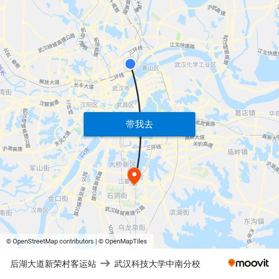 后湖大道新荣村客运站 to 武汉科技大学中南分校 map