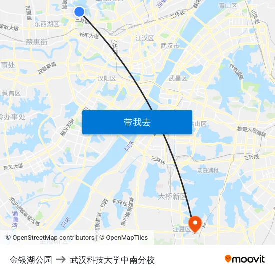 金银湖公园 to 武汉科技大学中南分校 map