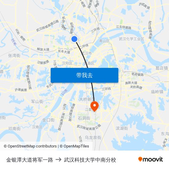 金银潭大道将军一路 to 武汉科技大学中南分校 map