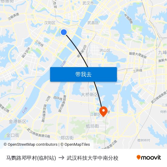 马鹦路邓甲村(临时站) to 武汉科技大学中南分校 map