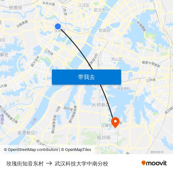玫瑰街知音东村 to 武汉科技大学中南分校 map