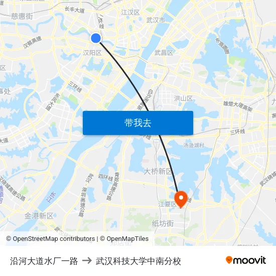 沿河大道水厂一路 to 武汉科技大学中南分校 map