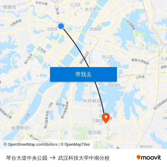 琴台大道中央公园 to 武汉科技大学中南分校 map