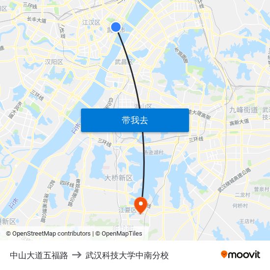 中山大道五福路 to 武汉科技大学中南分校 map