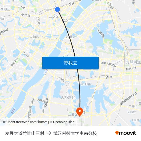 发展大道竹叶山三村 to 武汉科技大学中南分校 map