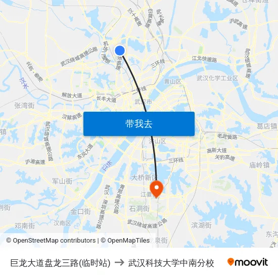 巨龙大道盘龙三路(临时站) to 武汉科技大学中南分校 map
