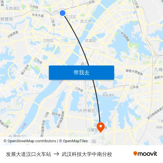 发展大道汉口火车站 to 武汉科技大学中南分校 map