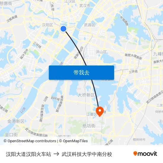 汉阳大道汉阳火车站 to 武汉科技大学中南分校 map
