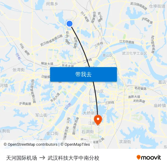 天河国际机场 to 武汉科技大学中南分校 map