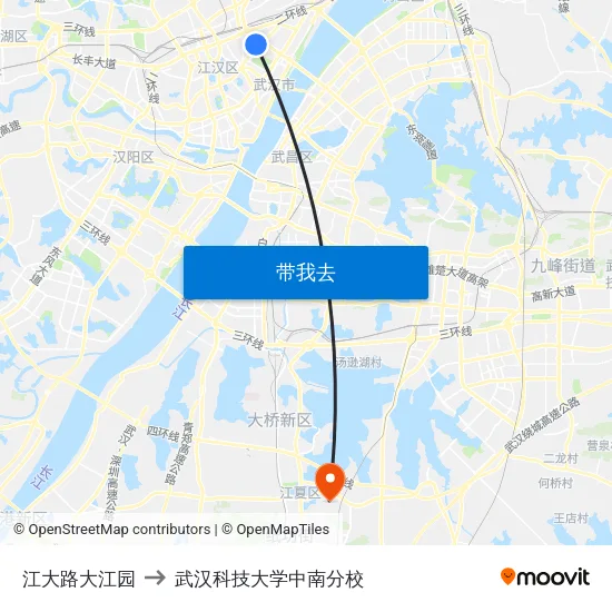 江大路大江园 to 武汉科技大学中南分校 map