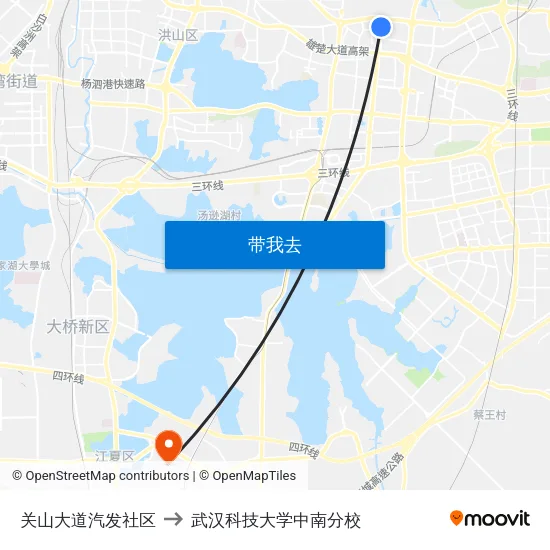 关山大道汽发社区 to 武汉科技大学中南分校 map