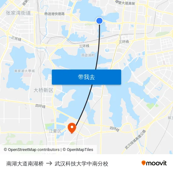 南湖大道南湖桥 to 武汉科技大学中南分校 map