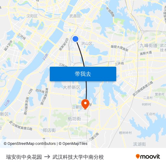 瑞安街中央花园 to 武汉科技大学中南分校 map