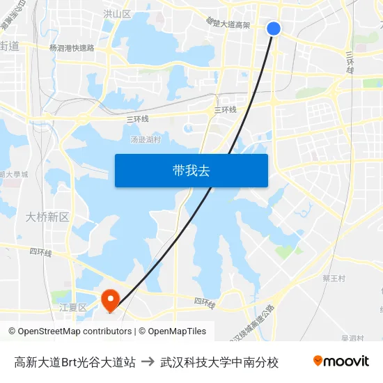 高新大道Brt光谷大道站 to 武汉科技大学中南分校 map